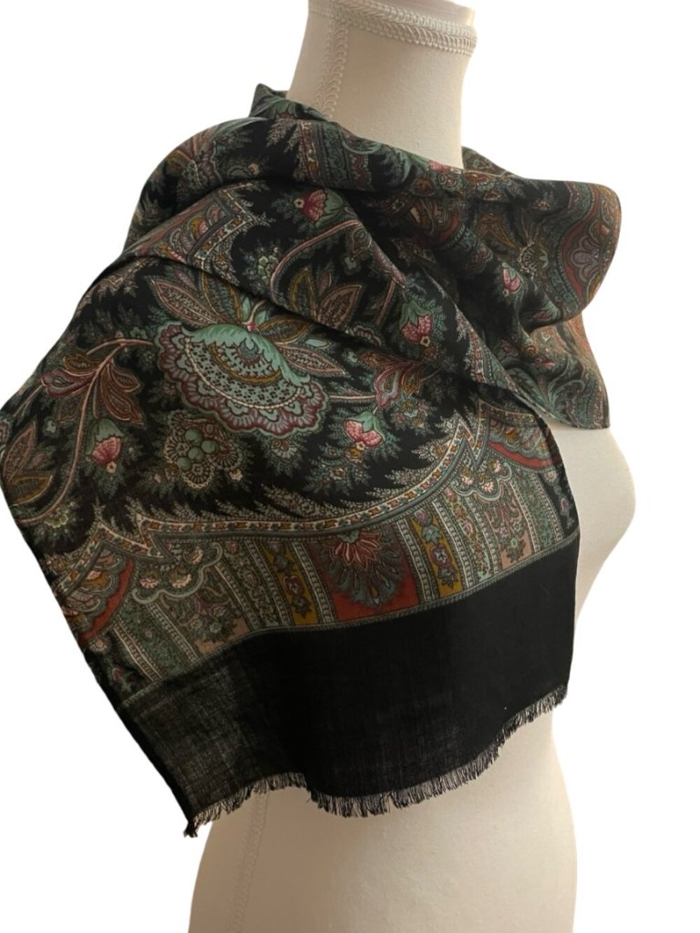 100% Wool Paisley Scarf Black Sage Green Burgundy Floral Fringe - Picture 5 of 8
